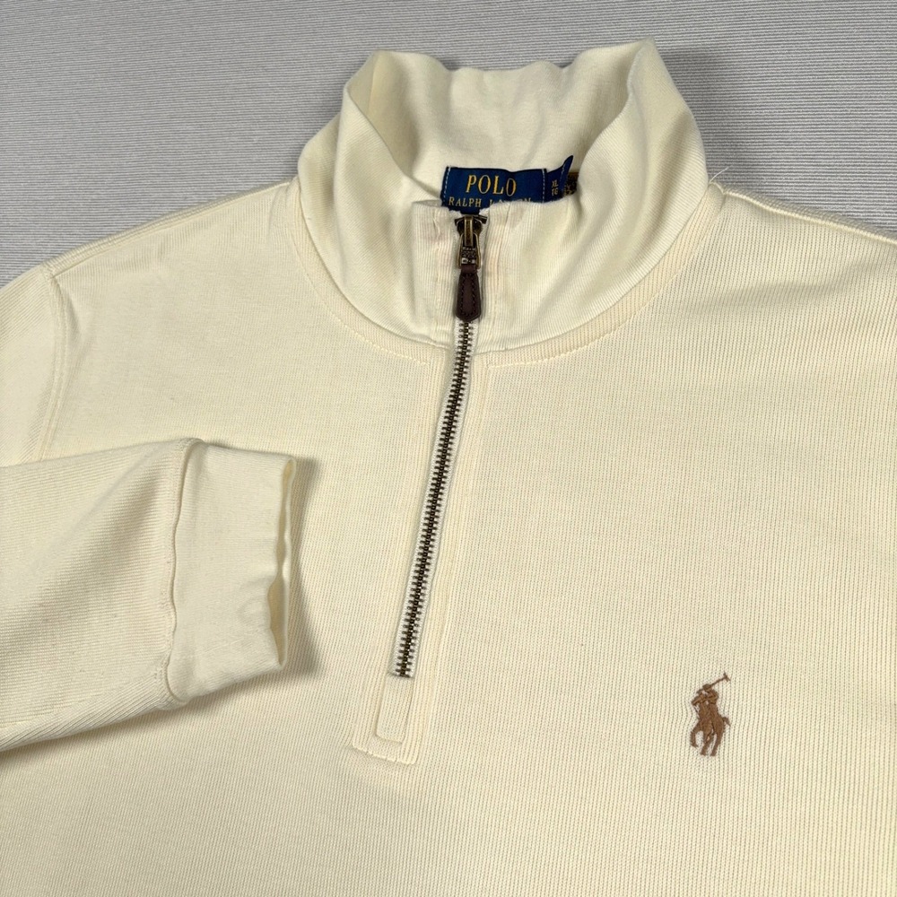 Polo Ralph Lauren Knit 1/4 Zip Pullover Mens XL Beige Cotton Long Sleeve Spotty